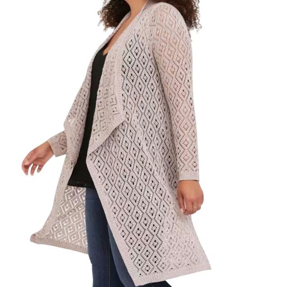 Torrid Pointelle Drape Open Front Sweater Cardigan in Mauve - Picture 1 of 7